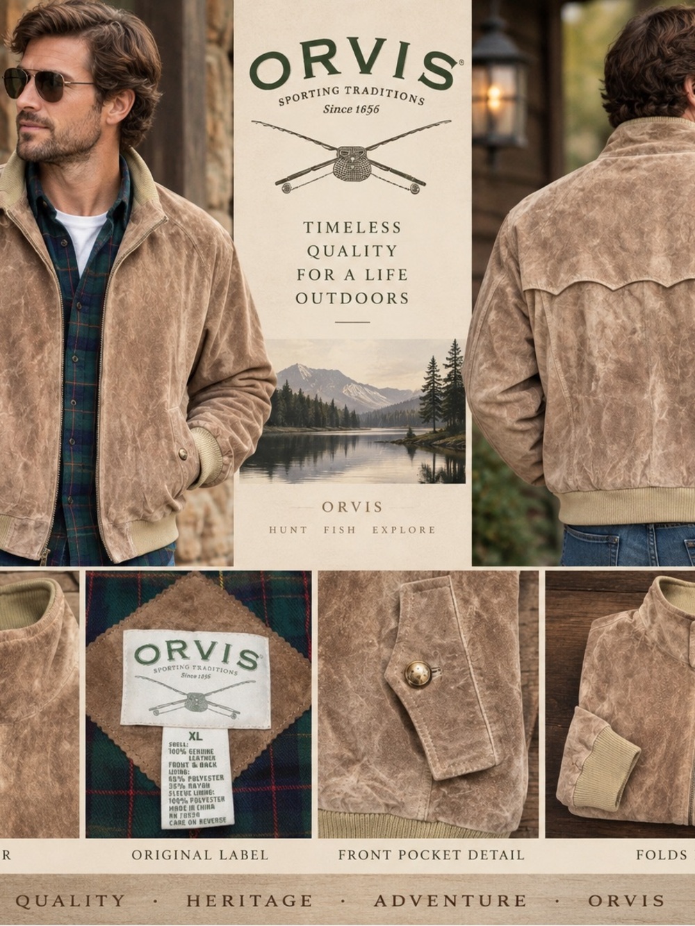 Orvis Harrington Suede Jacket Mens XL Tan Bomber Pockets Plaid Lined #1239CL